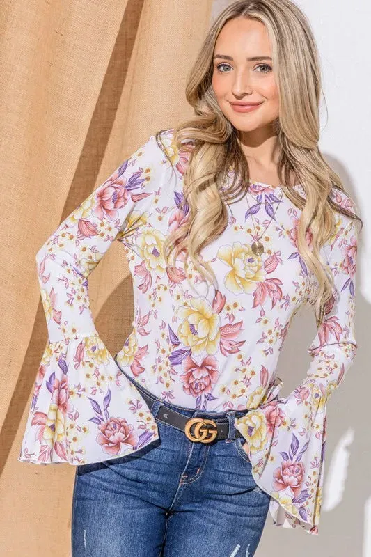 White Floral Bell Sleeve Ruffle Top