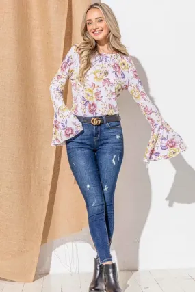 White Floral Bell Sleeve Ruffle Top