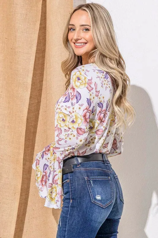 White Floral Bell Sleeve Ruffle Top