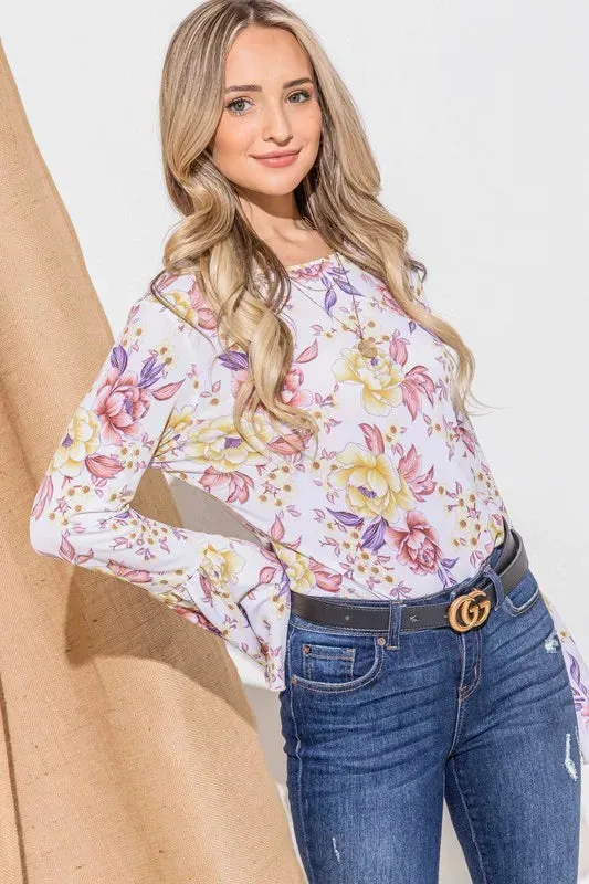 White Floral Bell Sleeve Ruffle Top