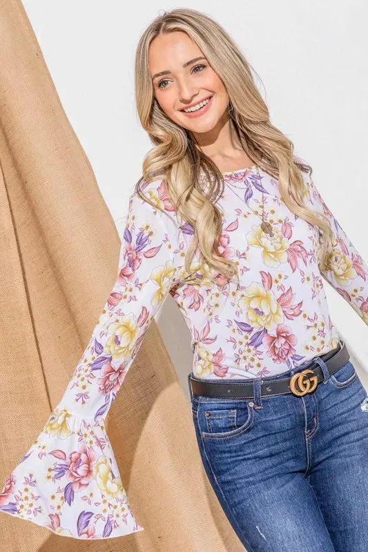 White Floral Bell Sleeve Ruffle Top