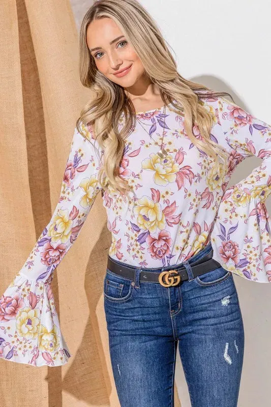 White Floral Bell Sleeve Ruffle Top