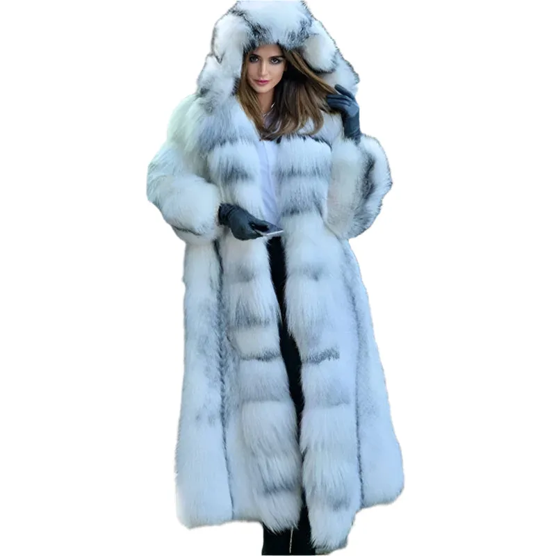 Women's Faux Fur Hooded Coat – X-Long Winter Warm Loose Fit, Plus Size 5XL, Elegant Open Stitch Design