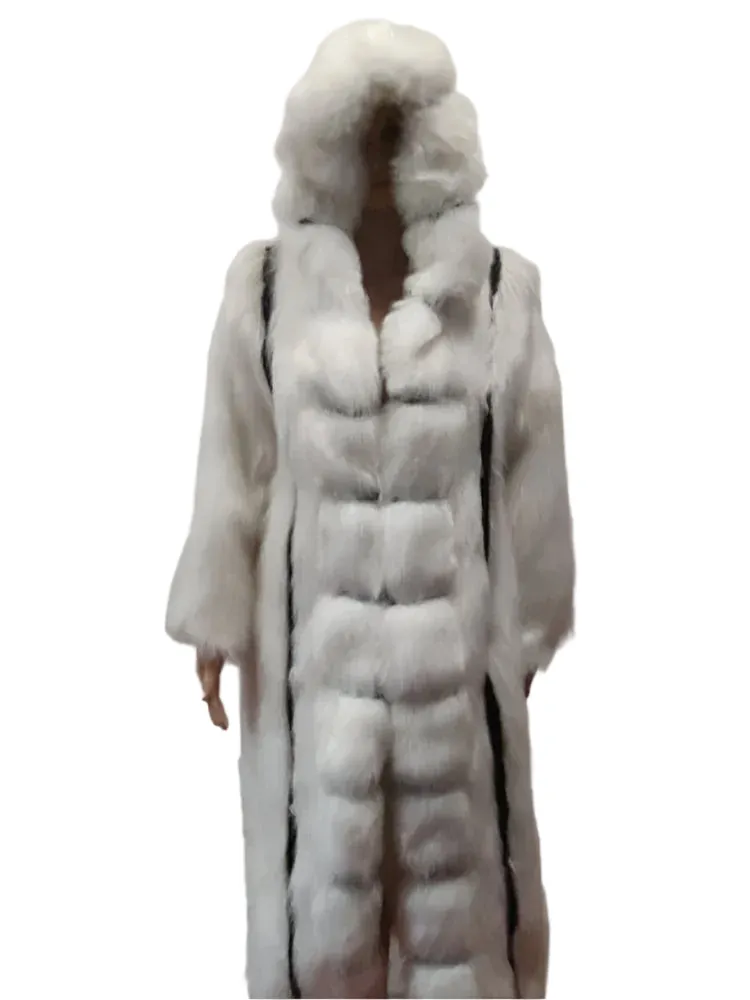 Women's Faux Fur Hooded Coat – X-Long Winter Warm Loose Fit, Plus Size 5XL, Elegant Open Stitch Design